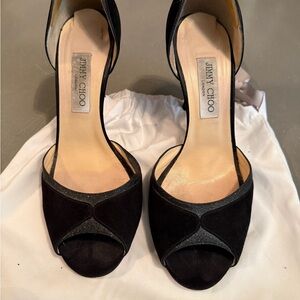 Jimmy Choo Black Suede Glitter Accents D’Orsay Peep-Toe Heels